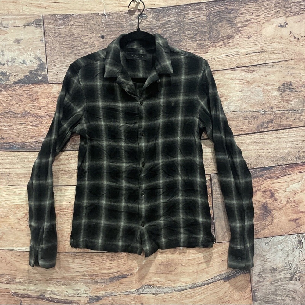 All Saints Mens Shirt Small S Black White Plaid Long Sleeve Pearl Snap Western